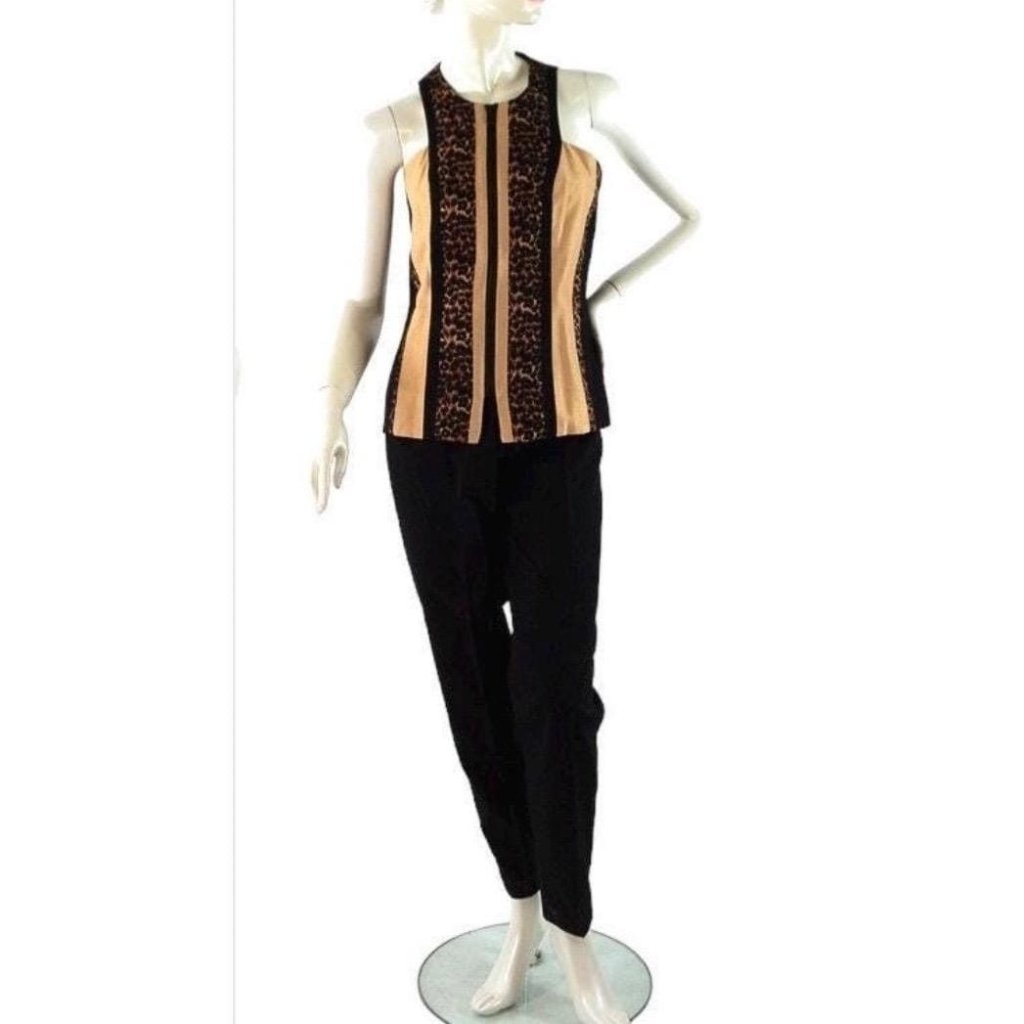 1990s Pantsuit Linda Segal Animal Cat Leopard Print Long Vest Size 6
